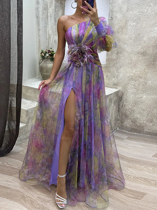 Off Shoulder Skew Collar One Sleeve Maxi Dresses