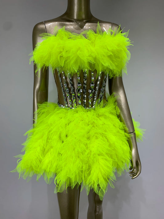 Rhinestone Feather Tube Mini Dresses