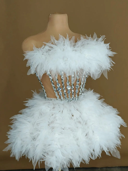 Rhinestone Feather Tube Mini Dresses