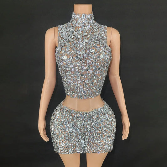 Sleeveless Crystal Diamond Mini Skirt Set