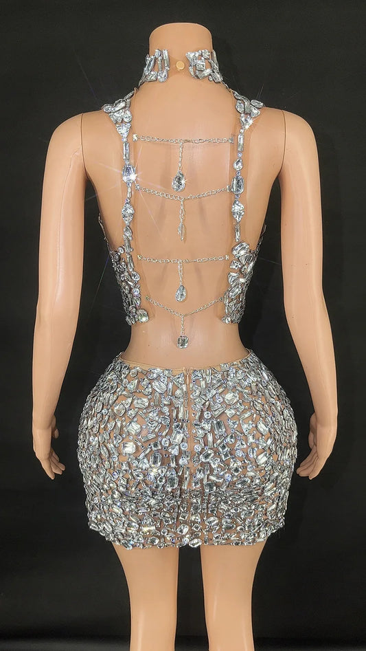Sleeveless Crystal Diamond Mini Skirt Set