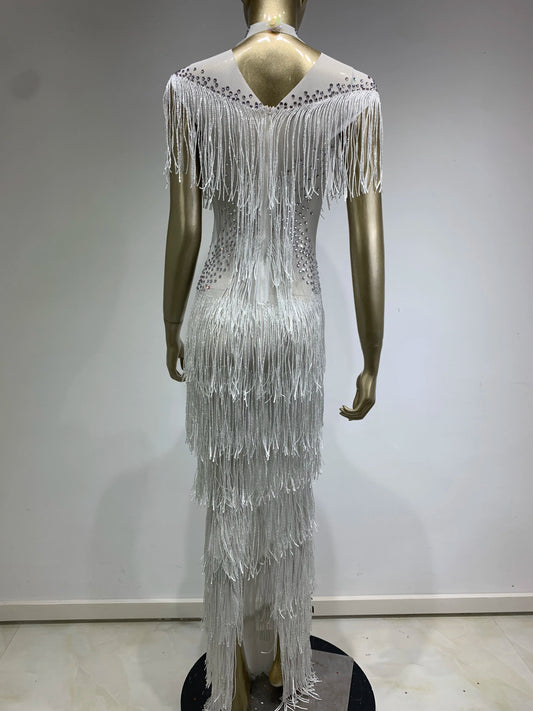 Rhinestone Tassel Mesh Long Dress