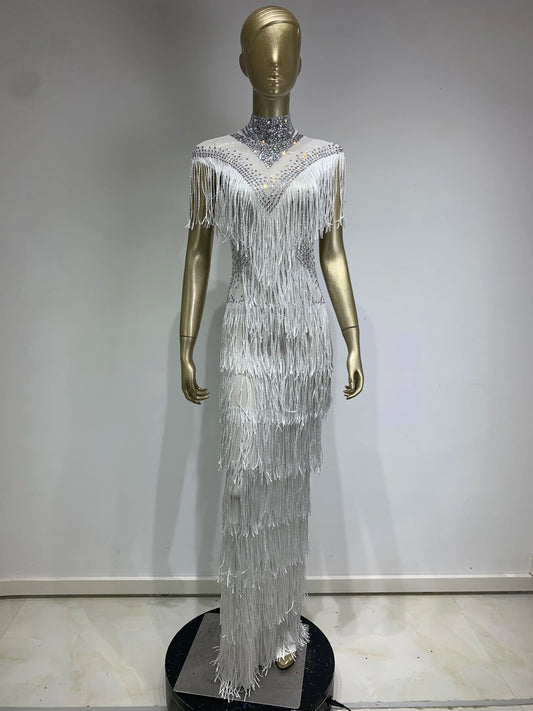 Rhinestone Tassel Mesh Long Dress