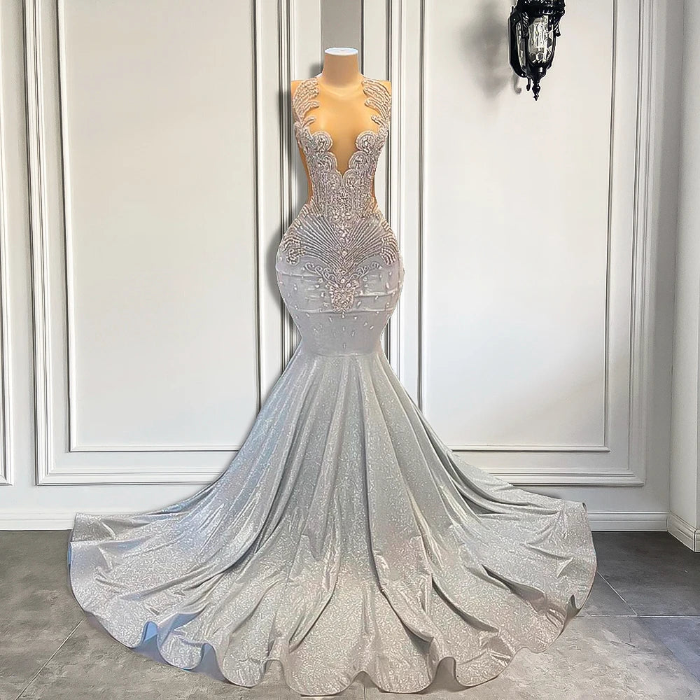 Rhinestone Mesh Silver Mermaid Gowns