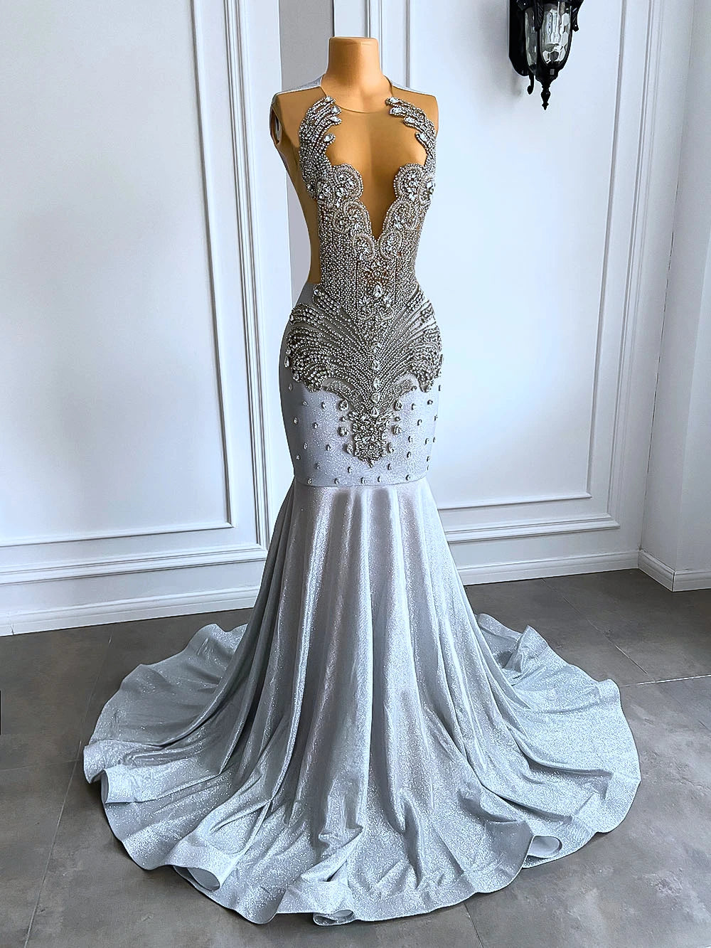 Rhinestone Mesh Silver Mermaid Gowns