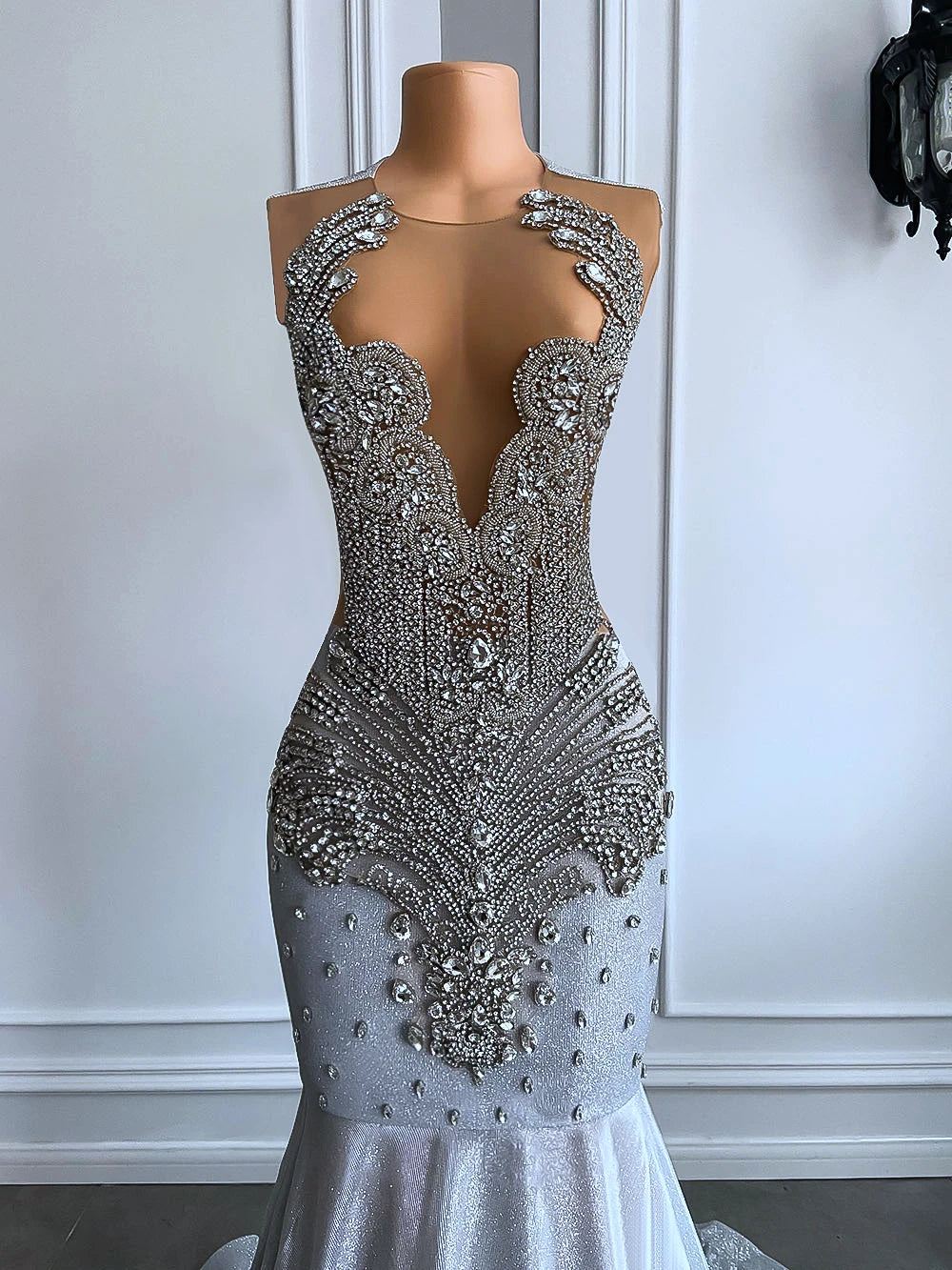 Rhinestone Mesh Silver Mermaid Gowns