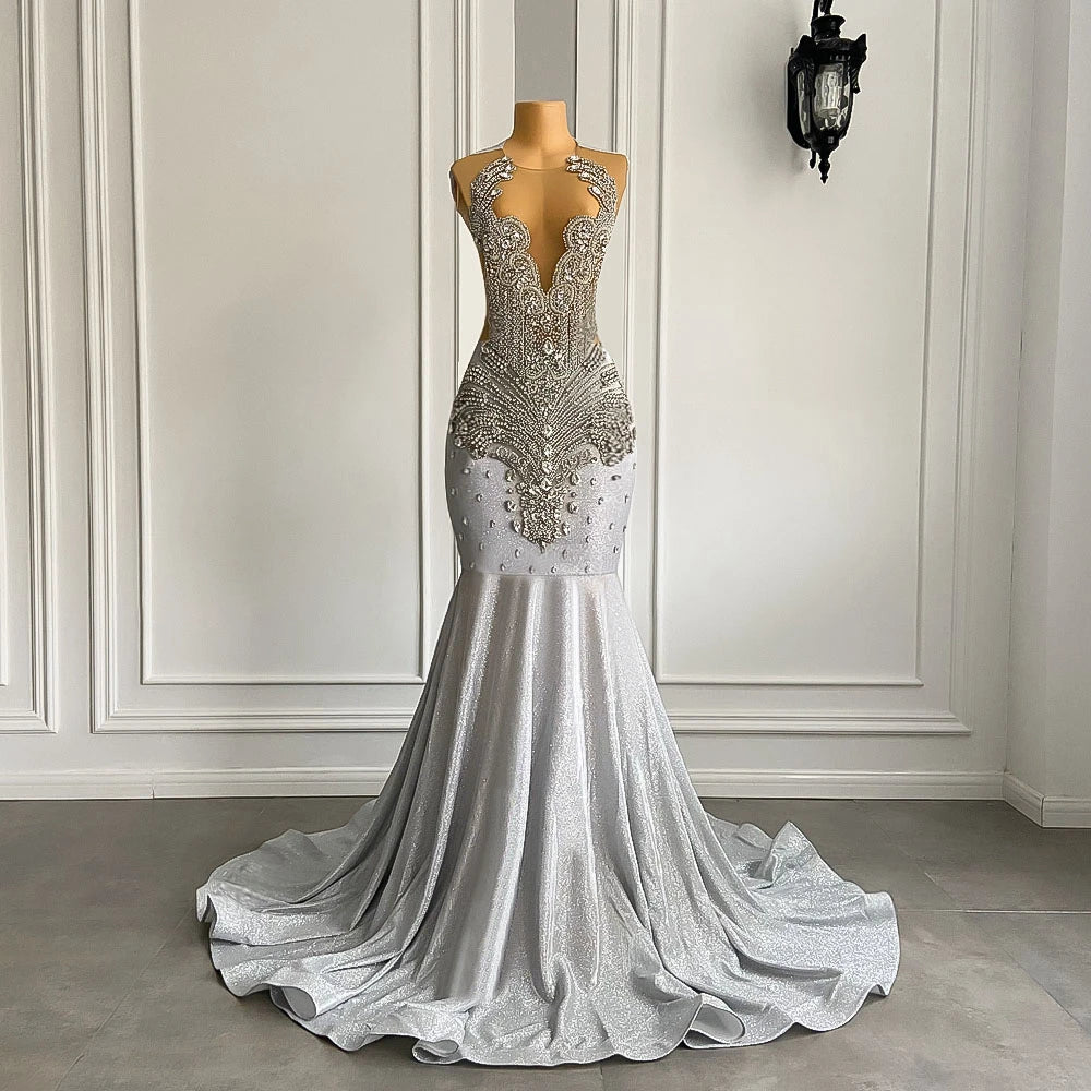 Rhinestone Mesh Silver Mermaid Gowns