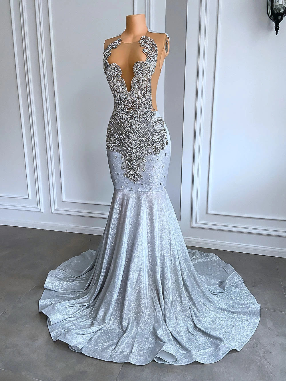 Rhinestone Mesh Silver Mermaid Gowns