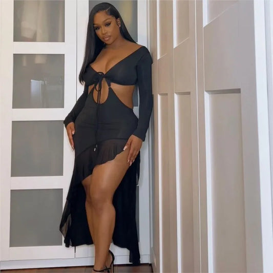 Sleeve Hollow Out Backless High Waist Dresses