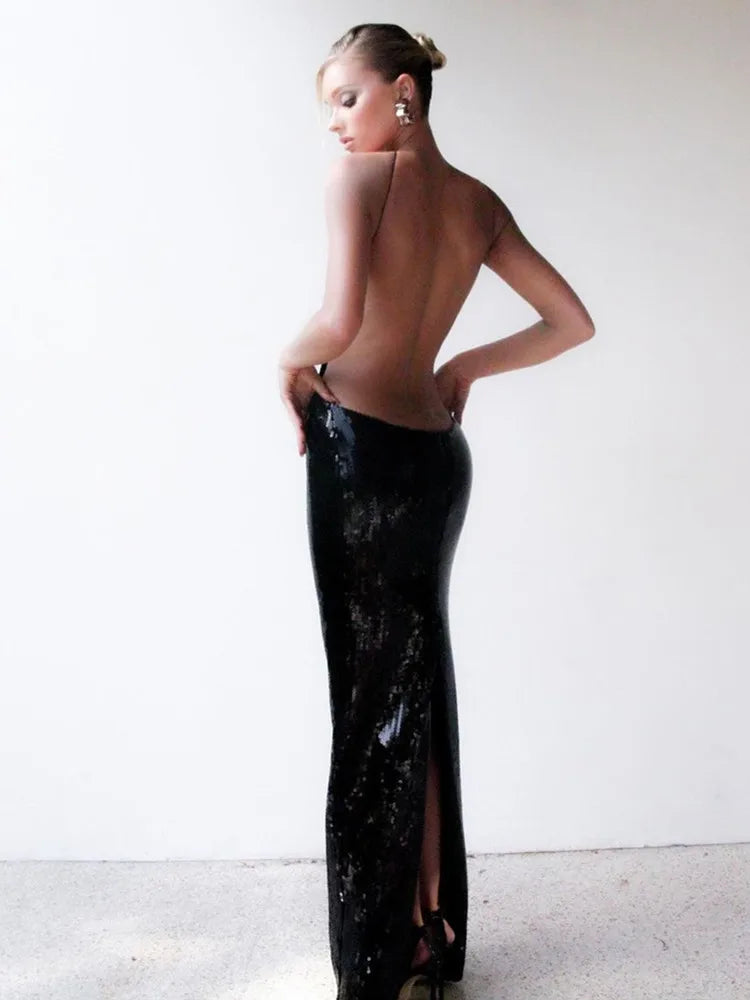 Backless Halter Mesh Sequins Maxi Dresses