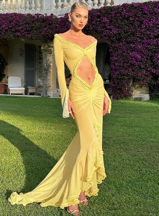 Mesh Sheer Hollow Belly Long Dress