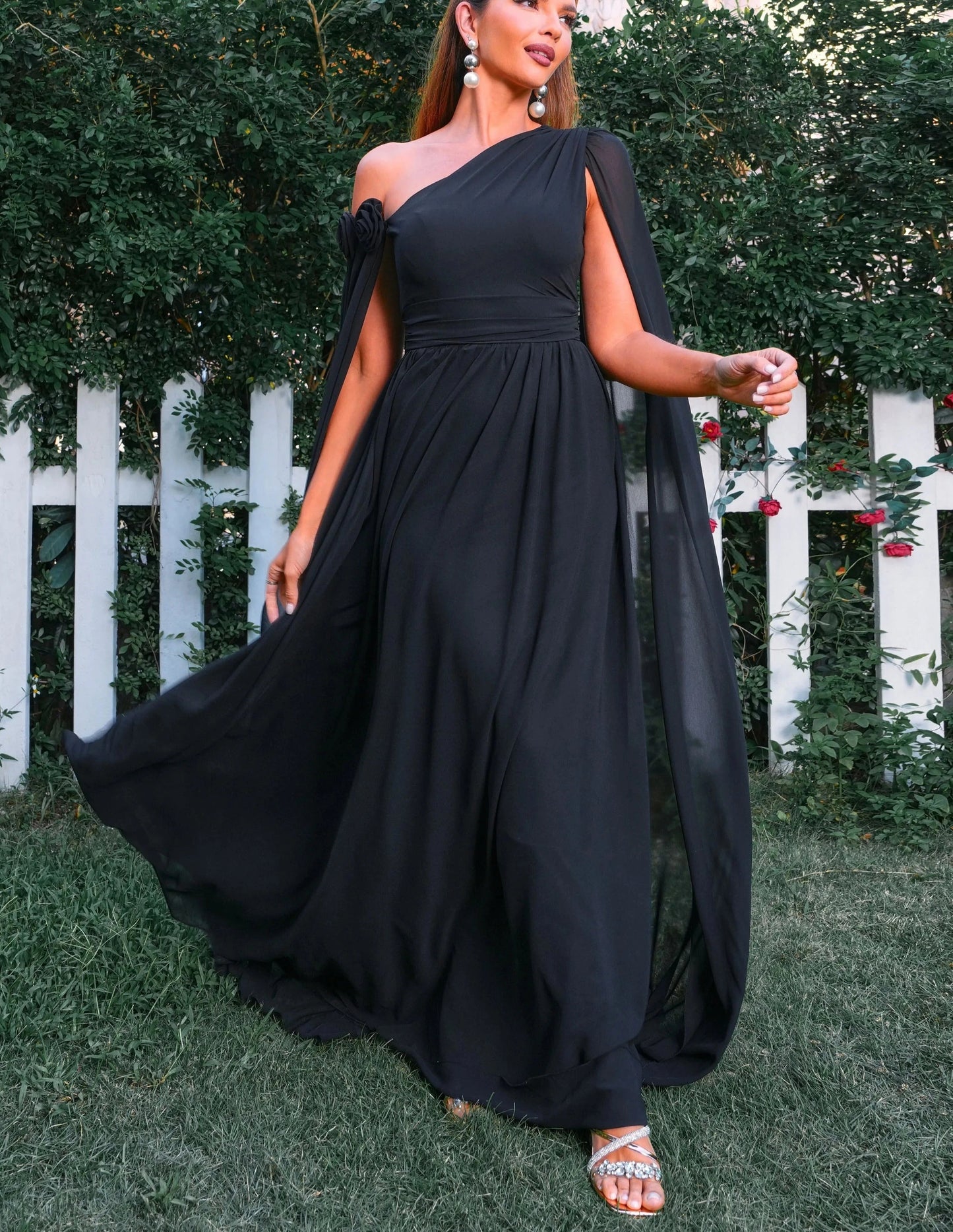 Black One Shoulder Drape Sleeves Dress