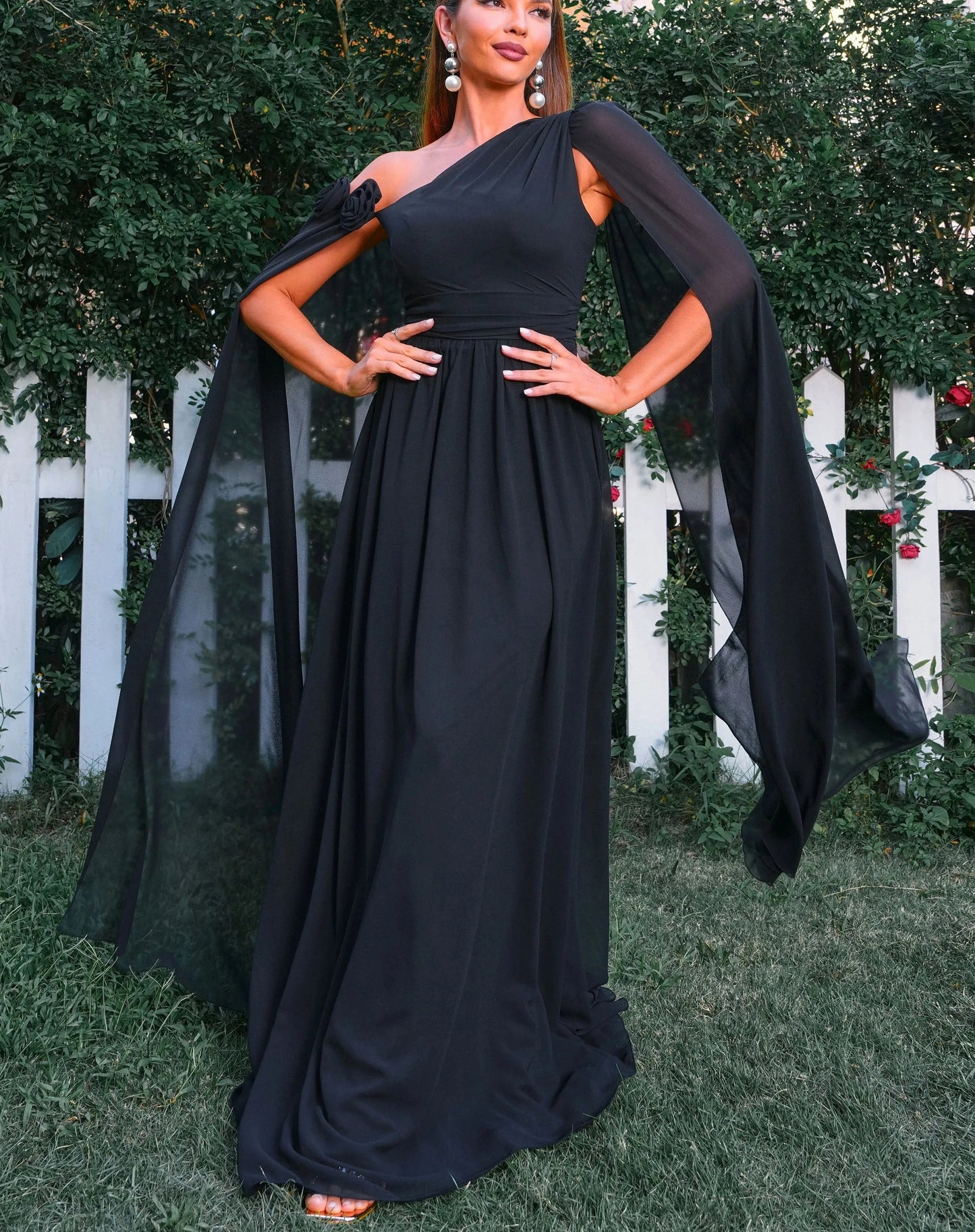 Black One Shoulder Drape Sleeves Dress