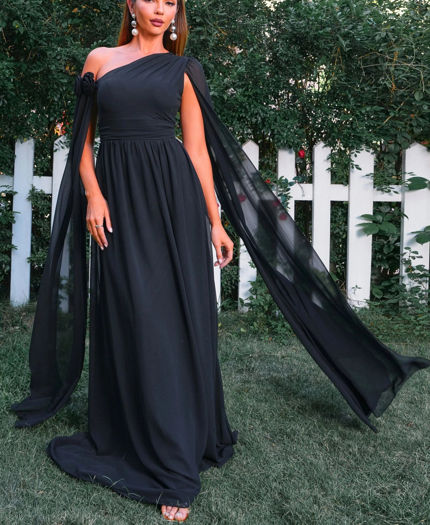 Black One Shoulder Drape Sleeves Dress