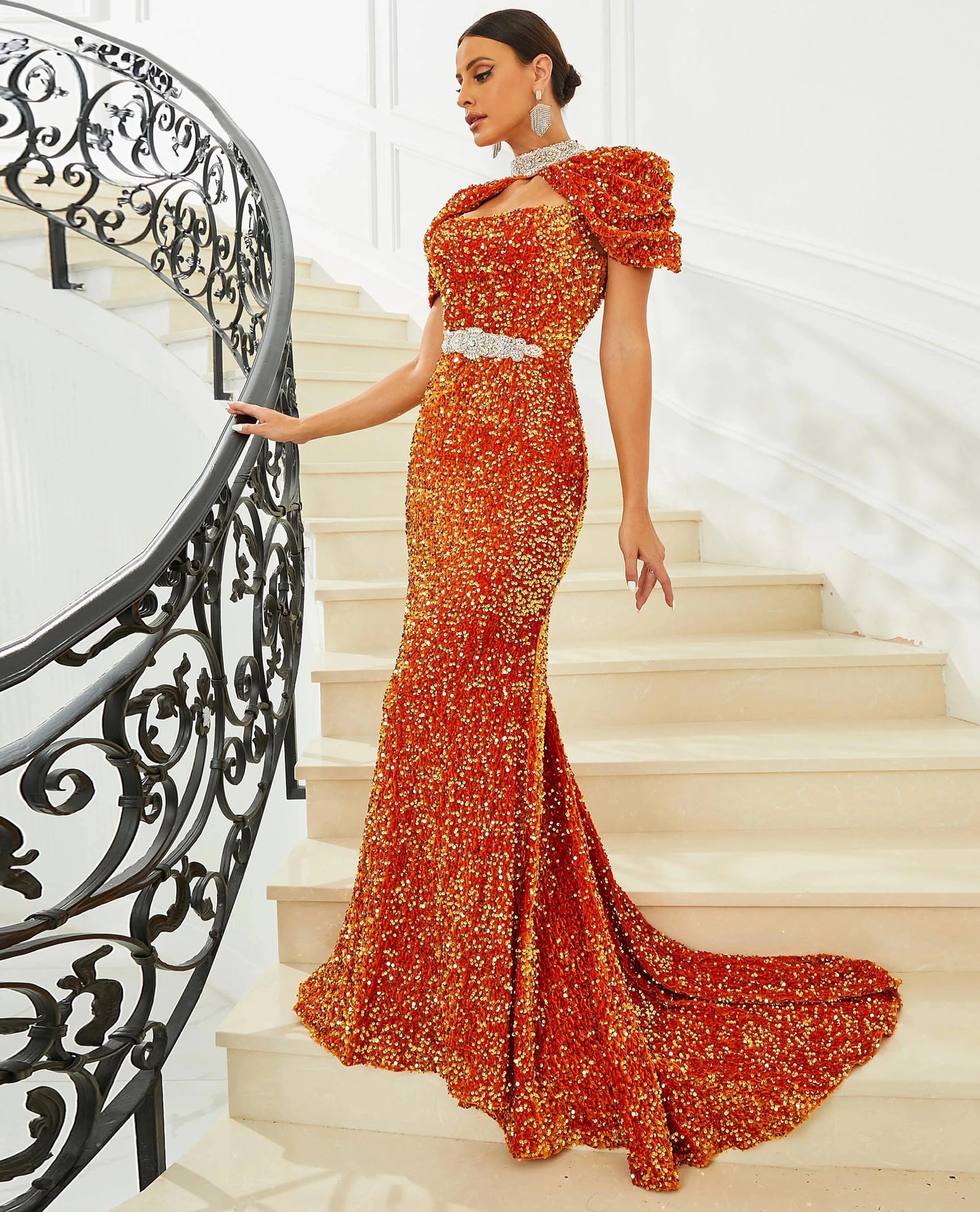 Open Chest Round Neck Sequin Floor Length Dress