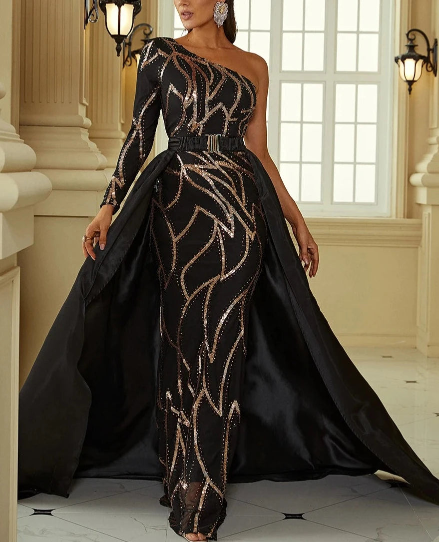 Sequin One Shoulder Waist Shawl Long Dresses