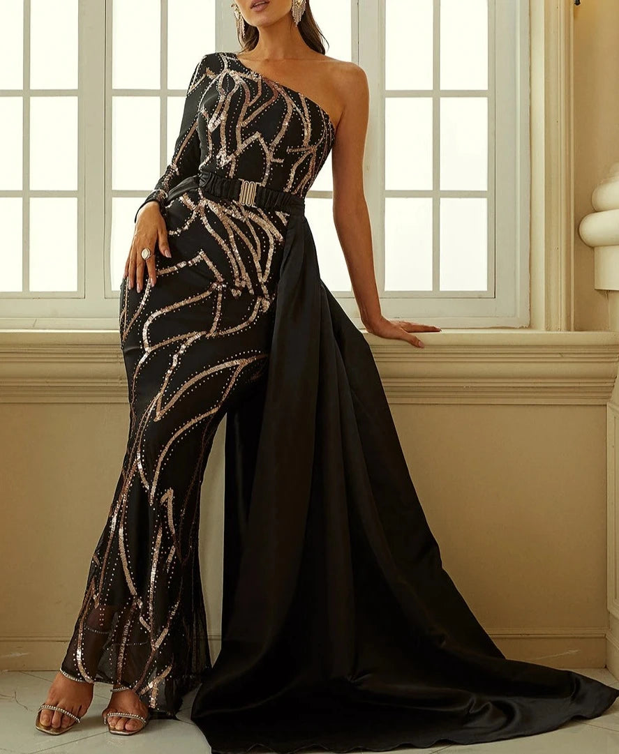 Sequin One Shoulder Waist Shawl Long Dresses