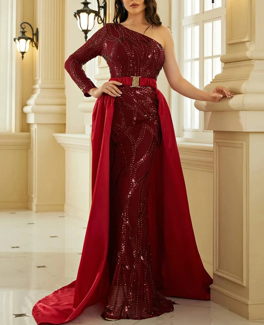 Sequin One Shoulder Waist Shawl Long Dresses