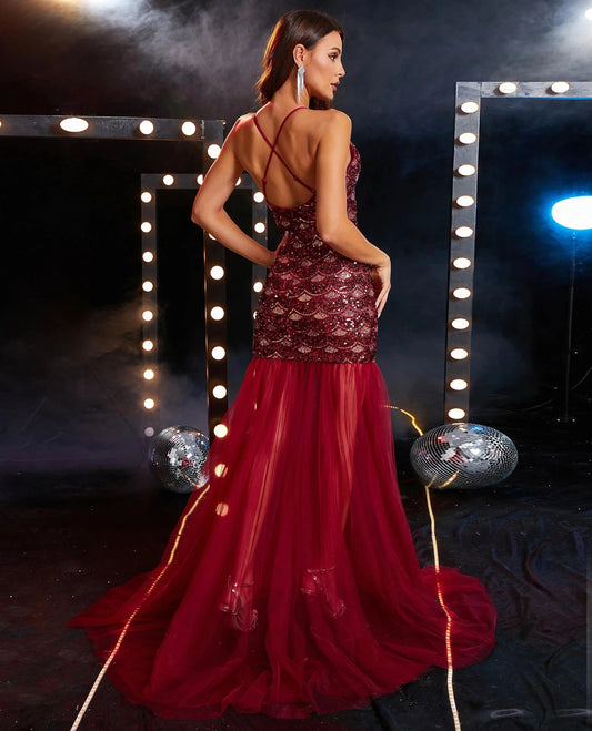 Sequin Open Back Mesh Long Dress
