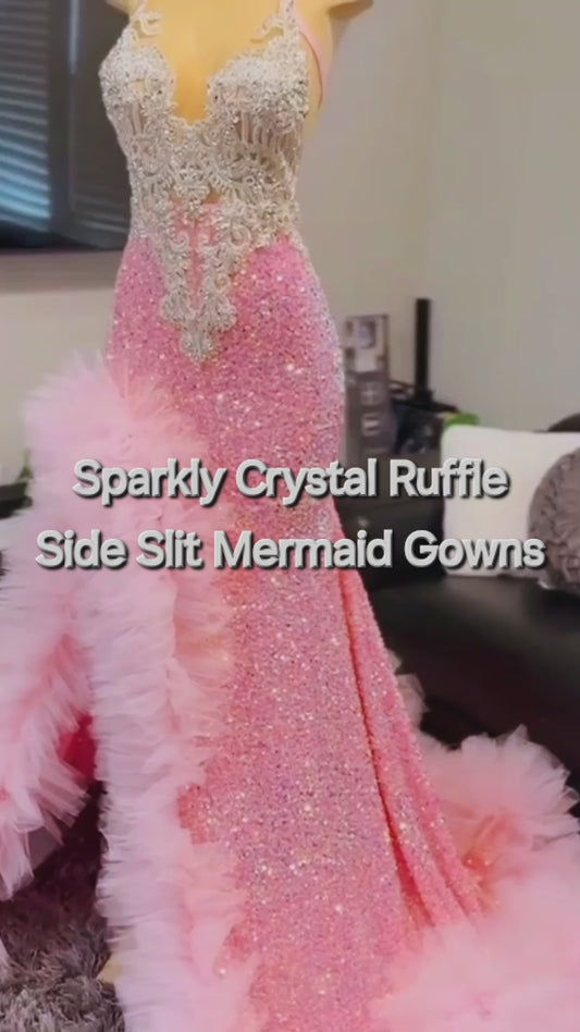 Sparkly Crystal Ruffle Side Slit Mermaid Gowns