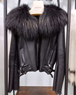 Genuine Leather Moto Jackets Big Fur Collar Wool Liner