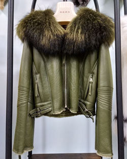 Genuine Leather Moto Jackets Big Fur Collar Wool Liner