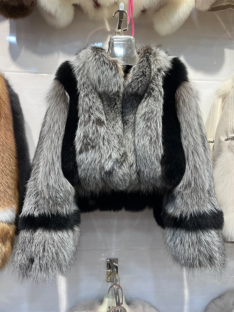 Pair Stripe Short Real Fox Fur Coats