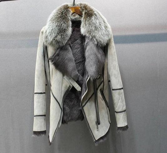 Genuine Leather Coat Fur Liner Sliver Collar