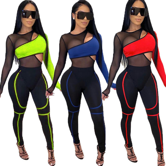 Mesh Color Sleeve Jumpsuits