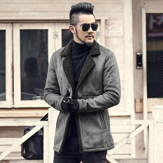 Faux Leather Faux Fur Small Collar Long Slim Jacket