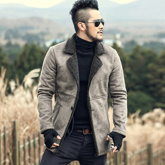 Faux Leather Faux Fur Small Collar Long Slim Jacket