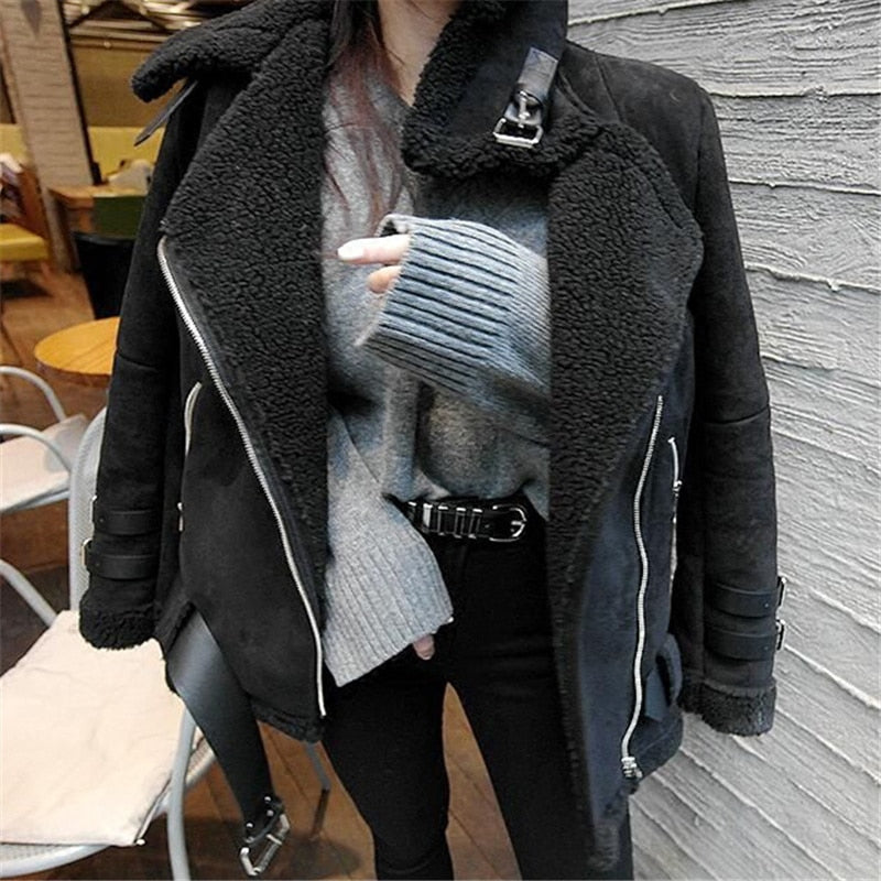 Black Faux Fur Turn-down Collar Jacket