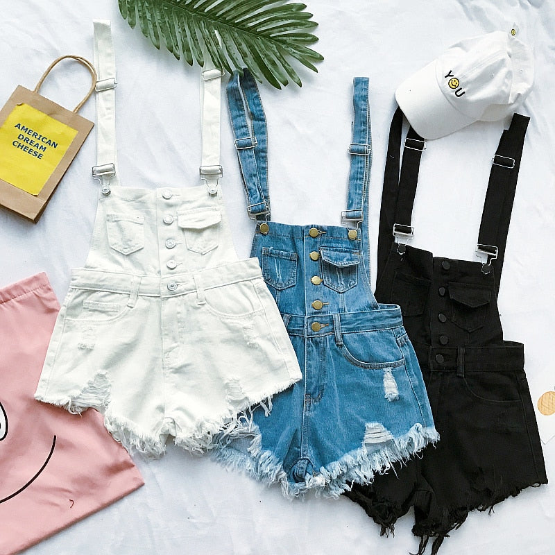 Denim Cotton Strap Shorts Loose Overalls Rompers