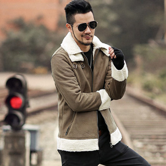 Moto Double Turn Down Collar Faux Fur Leather Slim Jacket