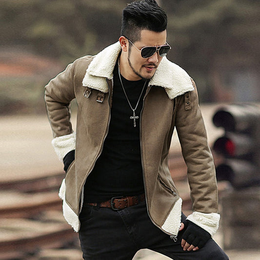 Moto Double Turn Down Collar Faux Fur Leather Slim Jacket