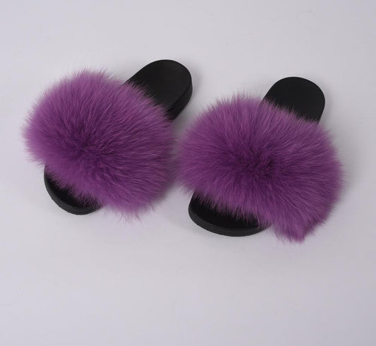 Luxury Genuine Fluffy Real Fox Fur Flat Sandals (Multi-Colors)