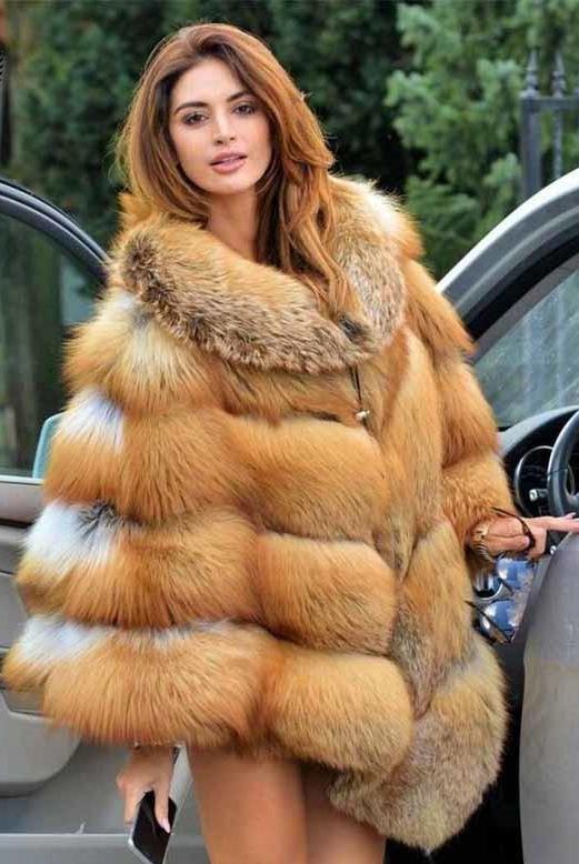 Gold Red Fox Fur Thick Collar Cape Overcoat