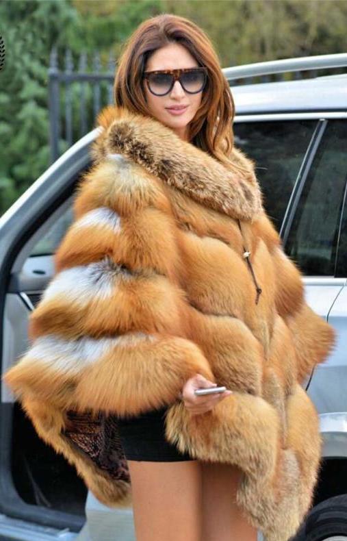 Gold Red Fox Fur Thick Collar Cape Overcoat