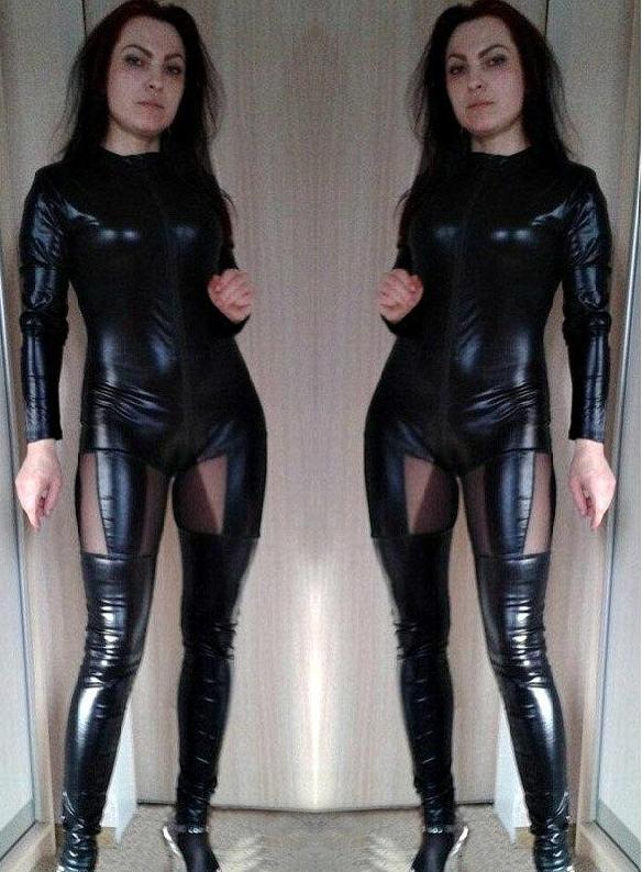 Black Catsuit Long Sleeve  Zipper Mesh Faux Leather Jumpsuit