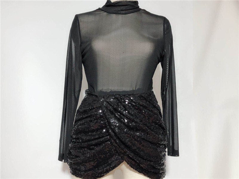 Mesh Turtleneck Long Sleeve Black Sequin Mini Bodycon Dress