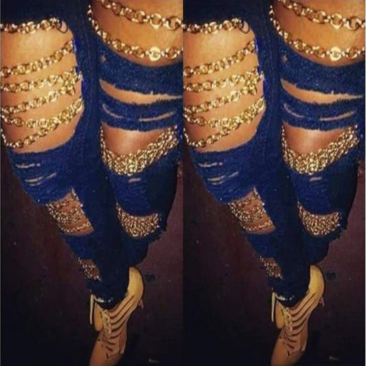 Chain Ripped Hole Denim Jeans
