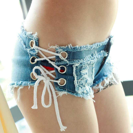 Blue Side Drawstring Micro Mini Denim Shorts