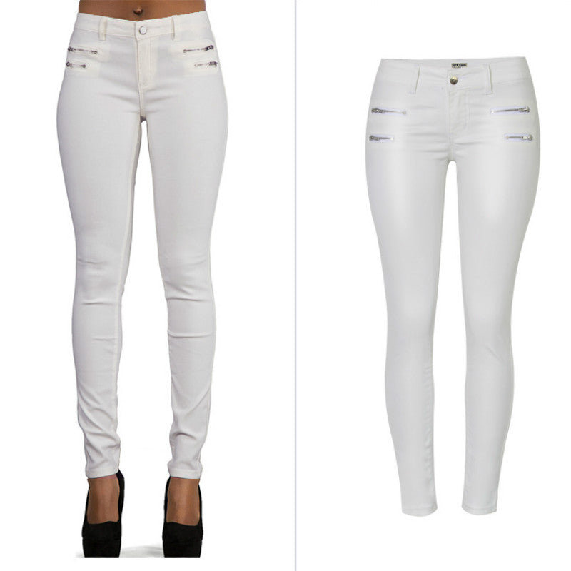 White PU Coated Leather Low Waist Pants