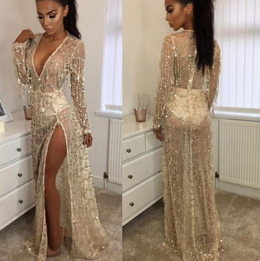 Mesh Sequin 3D Tassel Deep V Gold Maxi Dress