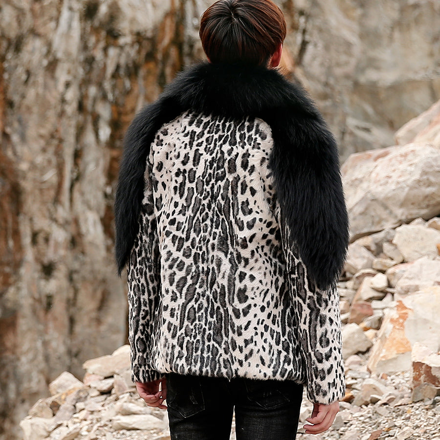 Leopard Sheep Fur Coat with Fox Fur Collar and Shoulder
