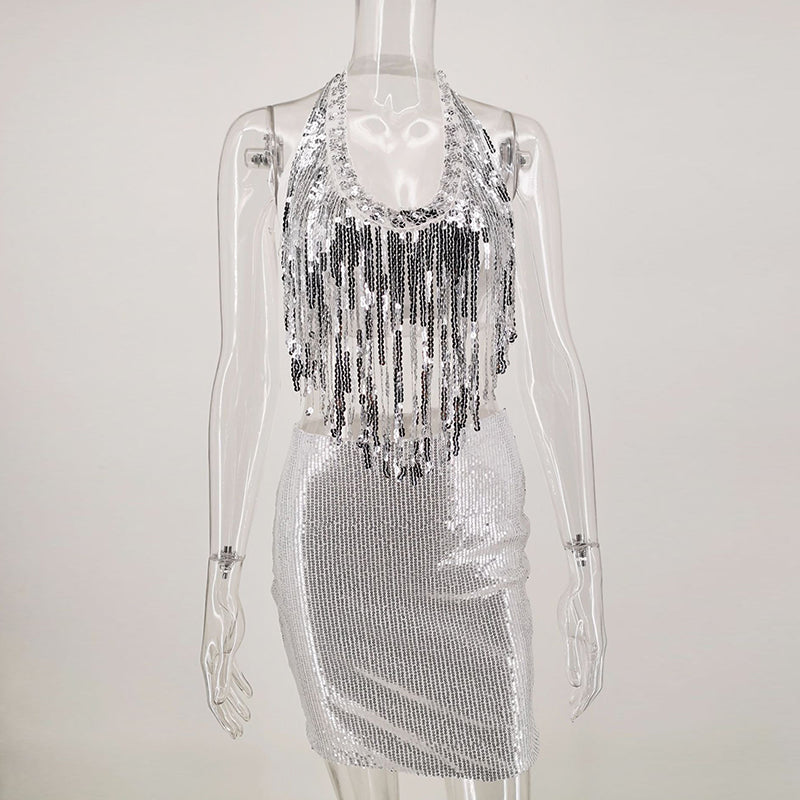 Shiny Silver Sequin Halter Tassels Bodycon Mini Dresses