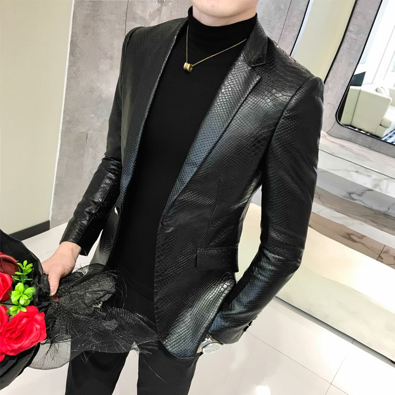 Crocodile Skin Slim Pu Leather Jackets