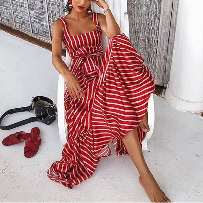 Striped Strapless Ruffles Long Dresses With Belt