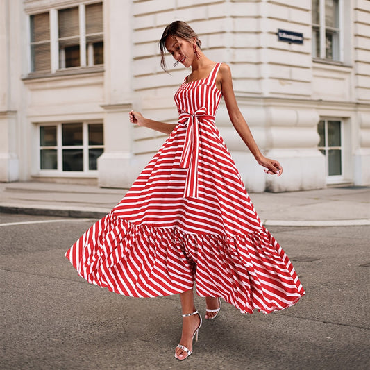 Striped Strapless Ruffles Long Dresses With Belt