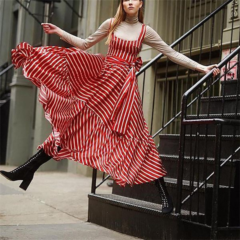 Striped Strapless Ruffles Long Dresses With Belt